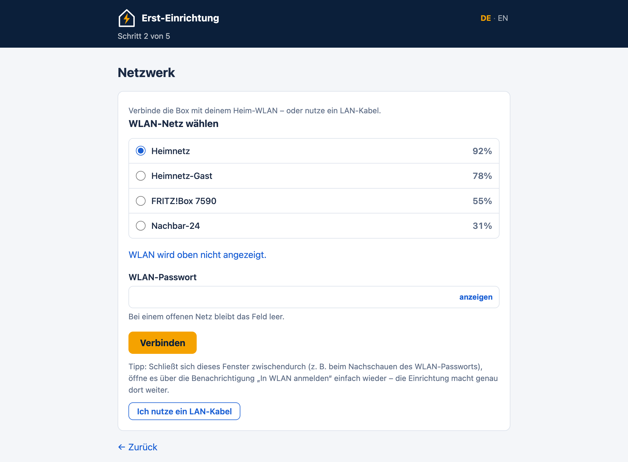 Netzwerk-Schritt mit WLAN-Auswahl und LAN-Alternative