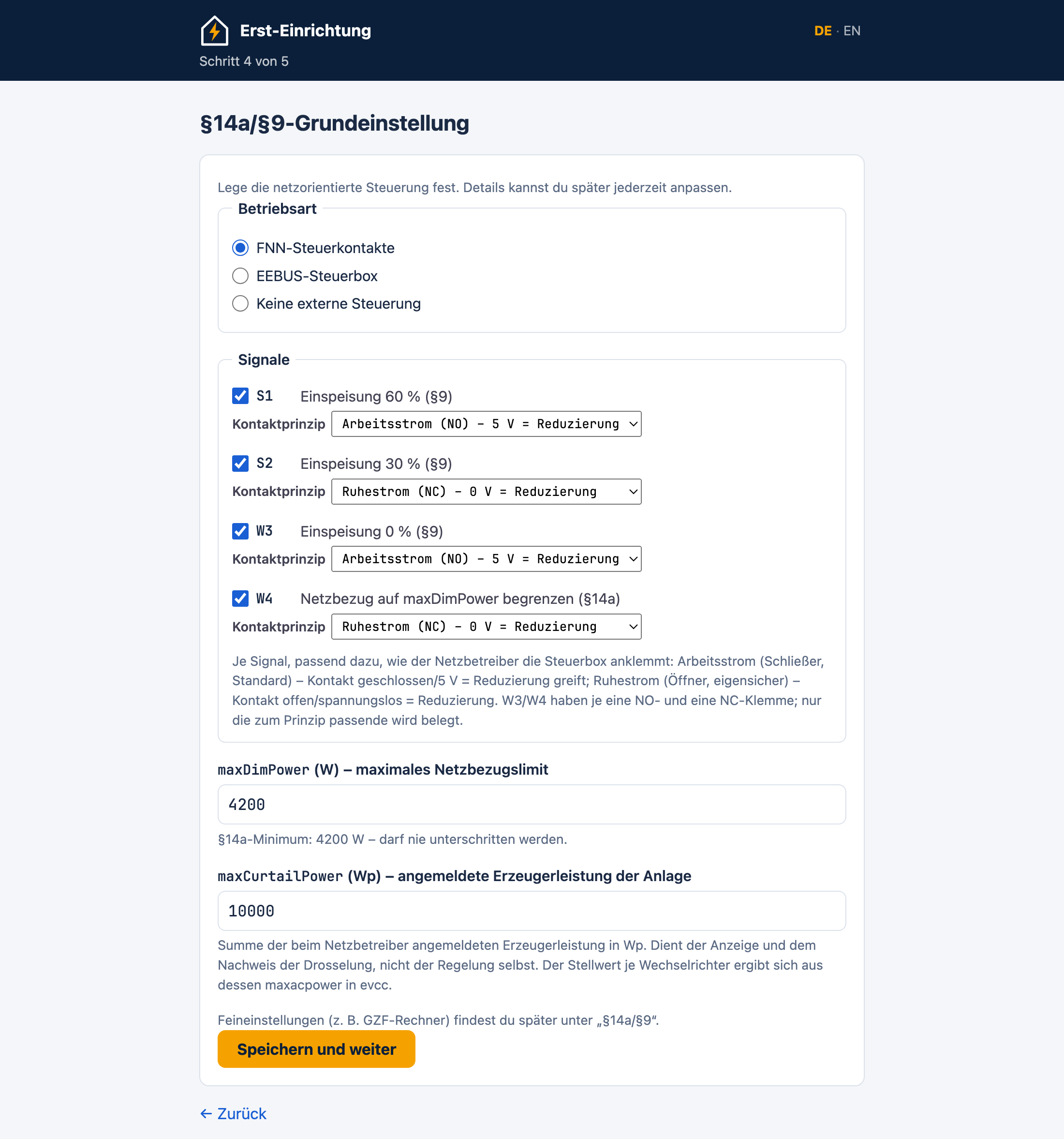 §14a/§9-Grundeinstellung mit Betriebsart, Signalen und Leistungswerten
